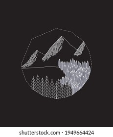 Mountain , lake and forest in irregular mono line art