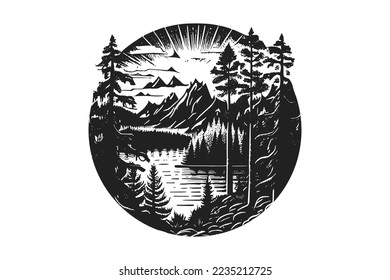 Mountain  lake   forest landscape in circle frame  Black   white graphic vector illustration 