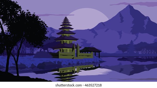 Mountain, lake and forest landscape in night, in violet tone. Flat landscape. Vector illustration. Chinese build.