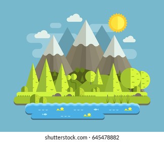 Bergsee-Waldlandschaft mit Gipfeln, Holz und Hügeln am Sommertag. Abstrakte Naturlandschaft, Vektorgrafik in flachem Design. Nationaler Bergpark im Alpenhintergrund.