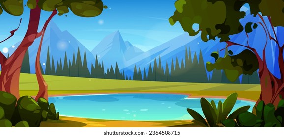 Mountain lake in forest nature landscape vector background. Summer tree scenery with green grass valley and blue sky on alps panorama. Beautiful adventure outdoor altai vacation drawing concept