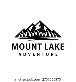 Mountain with lake forest, pine evergreen tree with river creek landscape outdoor logo design vector