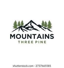 Mountain with lake forest, pine evergreen tree with river creek landscape outdoor logo design vector