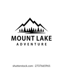 Mountain with lake forest, pine evergreen tree with river creek landscape outdoor logo design vector