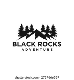 Mountain with lake forest, pine evergreen tree with river creek landscape outdoor logo design vector
