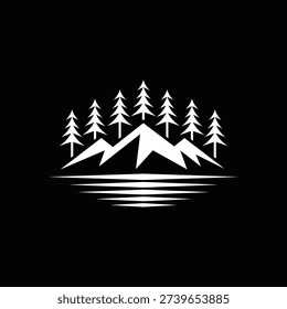 Mountain with lake forest, pine evergreen tree with river creek landscape outdoor logo design vector