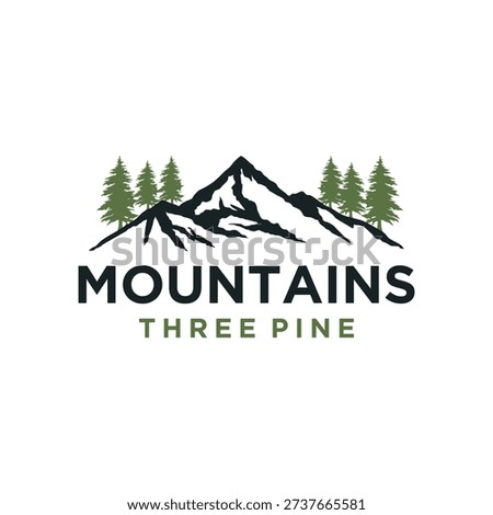 Mountain with lake forest, pine evergreen tree with river creek landscape outdoor logo design vector