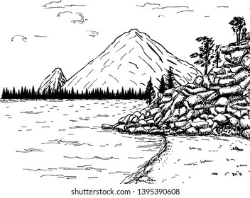 Mountain lake forest pine trees rock vector illustration. Landscape mountain lake and pines sketch.