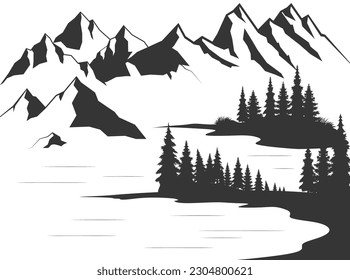 Mountain lake forest pine trees vector illustration