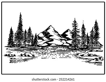 Mountain lake forest pine trees rock vector illustration
