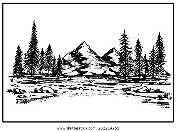 Mountain lake forest pine trees rock vector illustration.