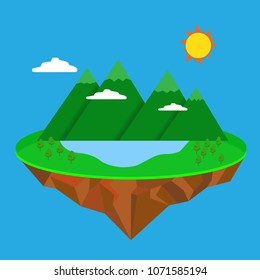 mountain lake forest with sun and cloud  nature icon on blue background vector illustrations