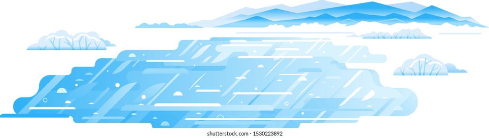 Mountain lake frozen in winter, winter landscape flat illustration in sample geometric shapes, frozen mountain lake isolated