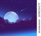 Mountain lake glowing under the light of the moon, fairytale illustration. Night landscape with comets, stars and planets.