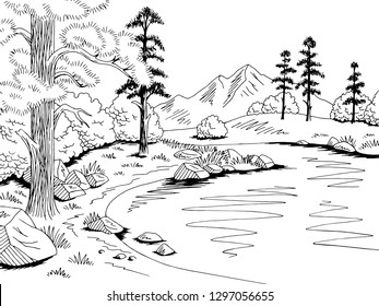 Mountain lake graphic black white landscape sketch illustration vector