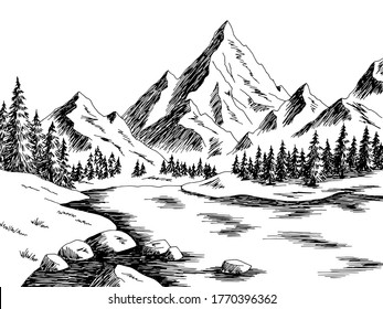 Mountain lake graphic black white landscape sketch illustration vector