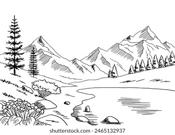 Mountain lake graphic black white landscape sketch illustration vector 