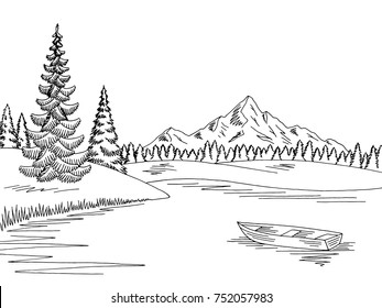 Mountain lake graphic black white landscape sketch illustration vector