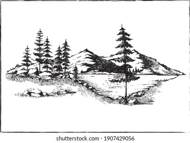 Mountain Lake Hand Drawn Vector Landscape 