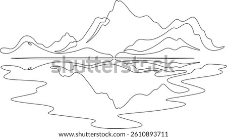 Mountain lake. High mountain reflected in water. Mountain landscape.Continuous one line drawing 
One continuous line isolated minimal illustration.Not AI.