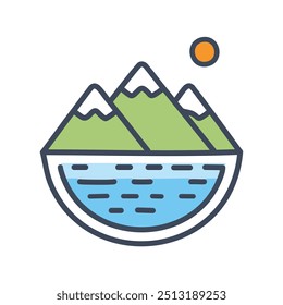 Icono de lago de montaña. Cordillera con picos nevados reflejados en un lago azul. Diseño simple y plano.