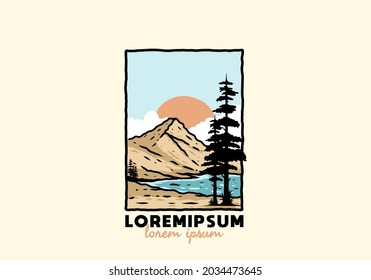Ilustración de montaña y lago con diseño de texto de lorem ipsum