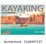 Mountain lake kayaking adventure  design for t-shirt and others. Boat trip graphic print design for apparel, stickers, posters and background. Adventure retro painting design.