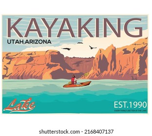 Mountain lake kayaking adventure  design for t-shirt and others. Boat trip graphic print design for apparel, stickers, posters and background. Adventure retro painting design.