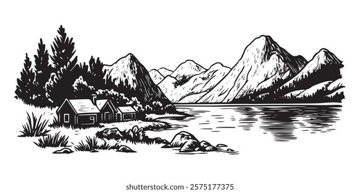 mountain lake landscape with cabins, trees, and rocky shore in black and white