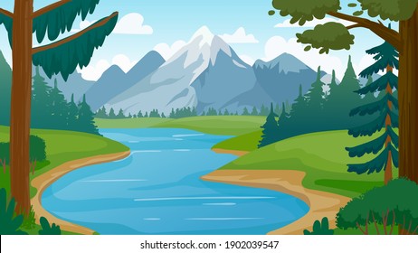 Mountain and lake landscape. Cartoon rocky mountains, forest and river scene. Wild nature summer panorama. Hiking adventure vector concept. Illustration forest lake, summer hill environment peak