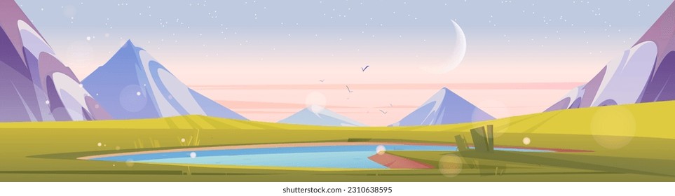 Mountain lake landscape in early morning, sunrise scenic background. Crescent in pink sky on horizon with beautiful sparkle switzerland nature illustration. Peaceful alpine terrain wallpaper with pond