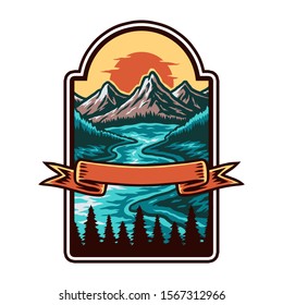 Mountain and lake landscape, hand drawn line with digital color, vector illustration