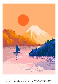 Mountain and lake landscape hand drawn vector illustration.Nature scenery with trees and hill peaks silhouettes on horizon.