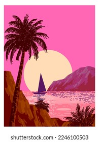 Mountain and lake landscape hand drawn vector illustration.Nature scenery with trees and hill peaks silhouettes on horizon.