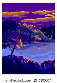 Mountain and lake landscape hand drawn vector illustration.Nature scenery with trees and hill peaks silhouettes on horizon.
