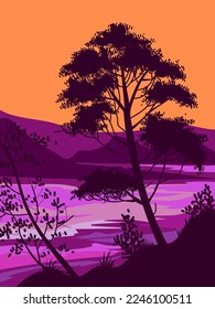 Ilustración vectorial hecha a mano por el paisaje de montaña y lago. Paisaje natural con árboles y siluetas de pico de montaña en el horizonte.