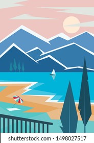 Mountain and lake landscape illustration. Vector travel poster in art deco style.