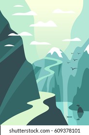 Mountain And Lake Landscape Illustration. Vector Travel Poster In Art Deco Style.. 
