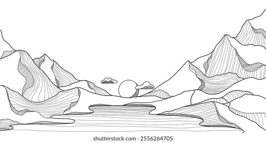 Mountain with Lake Landscape in Line Art Style. Wall art Background. Scenic black and white landscape design for fabric, prints, and wall art. Simple line drawing of one line mountain.