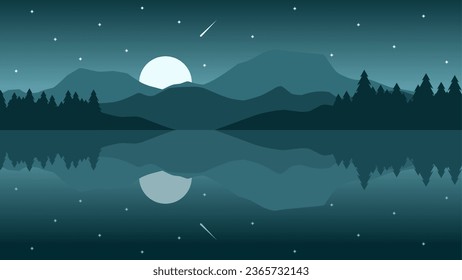 Mountain lake landscape in the night vector illustration. Mountain reflection in the lake. Mountain landscape for background, wallpaper, or landing page. Landscape panorama nature illustration