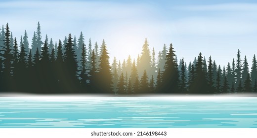 Mountain lake landscape on horizon and city background At sunrise and sunset. Vector illustration.