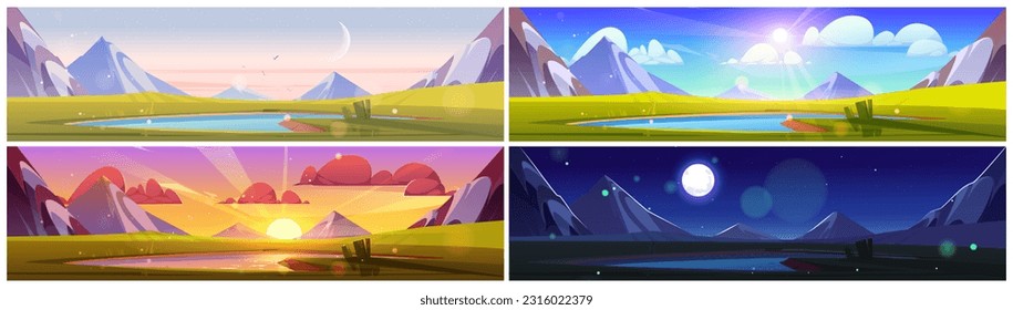 Mountain lake landscape on morning, sunset and night background set. Sun beam on horizon with beautiful sparkle switzerland nature illustration. Peaceful alpine terrain wallpaper with pond shore