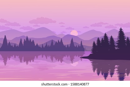 Mountain and lake landscape with pine trees