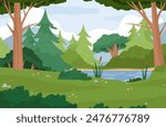 Mountain lake landscape with reeds, biodiversity of flora in temperate woods. Vector panorama of woodland. Forest with various trees and bushes. Meadow with flowers, stones and mushrooms