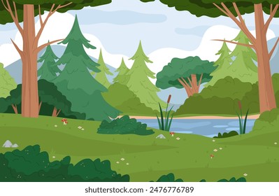 Mountain lake landscape with reeds, biodiversity of flora in temperate woods. Vector panorama of woodland. Forest with various trees and bushes. Meadow with flowers, stones and mushrooms