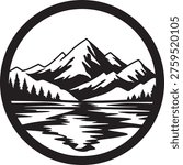 Mountain Lake Landscape Silhouette Logo with Pine Forest and Flying Birds