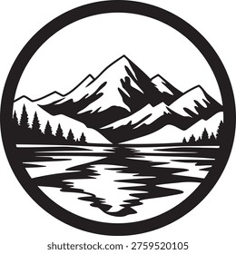 Mountain Lake Landscape Silhouette Logo with Pine Forest and Flying Birds