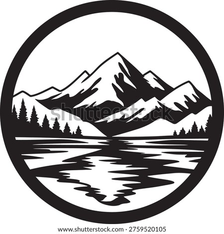 Mountain Lake Landscape Silhouette Logo with Pine Forest and Flying Birds