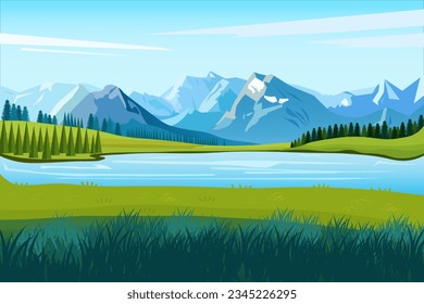 Mountain Lake landscape. Spring summer beautiful nature cartoon flat panorama, green grasslands meadow flowers, forest, scenic blue lake and mountains on horizon background. Vector illustration.