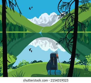 Mountain Lake Landscape Tourist Banner Background. Beautiful wild nature parkland hiking trip illustration. Mountain lake calm sunlight summer day vector poster. Nature outdoor trip tourist banner